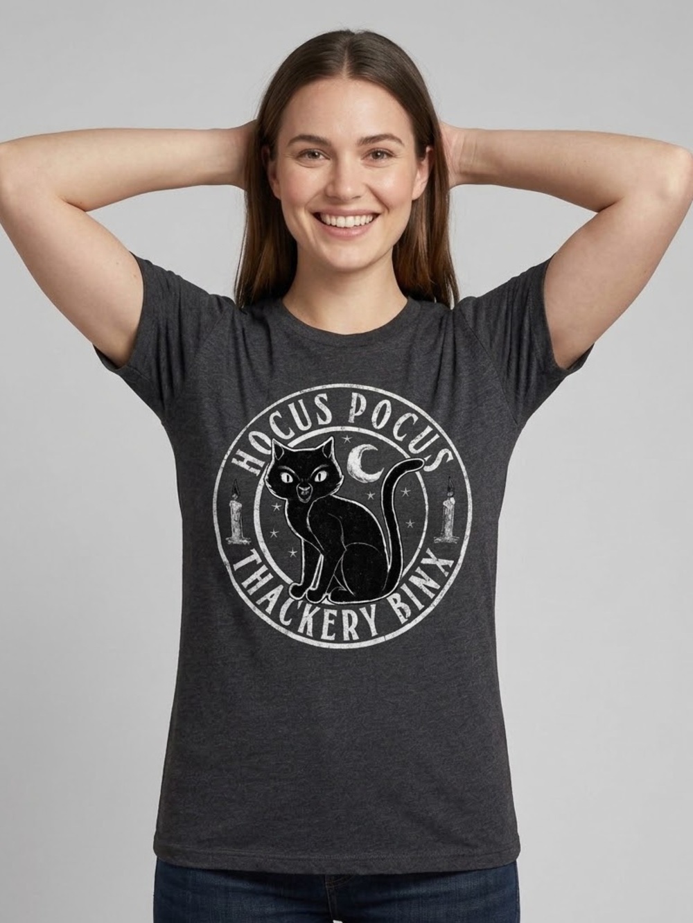 Dark Gray Vintage Wash Hocus Pocus Thackery Binx Cat Graphic Tee Men's Medium